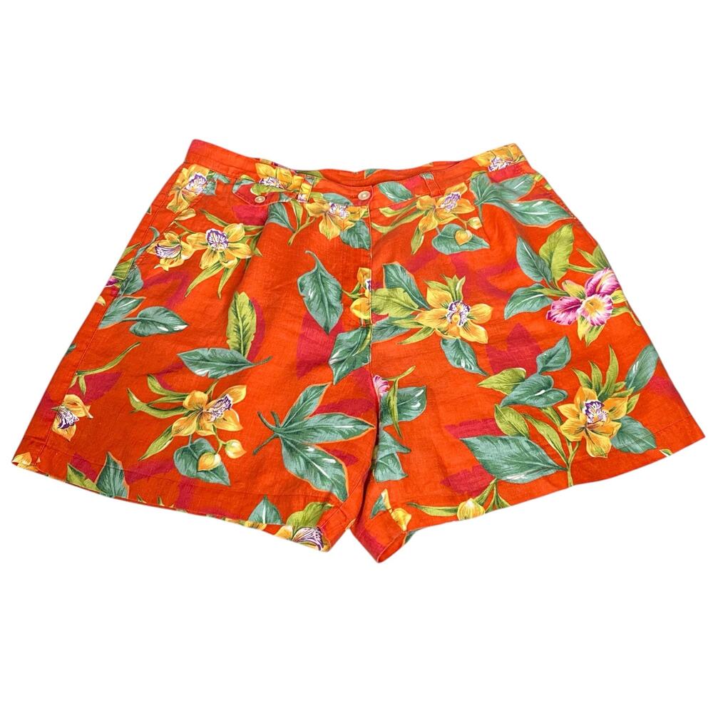 VTG Lauren Ralph Lauren Linen Shorts Womens 16 Orange Tropical Floral High Rise